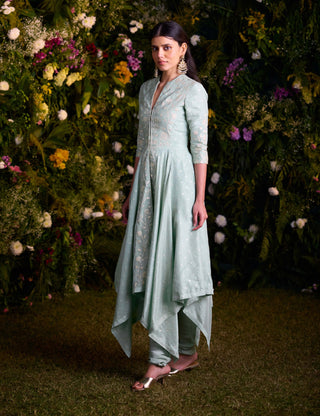 Misty Blue Asymmetric Kurta And Churidaar by Shyam Narayan Prasad, available on Indiaspopup.com