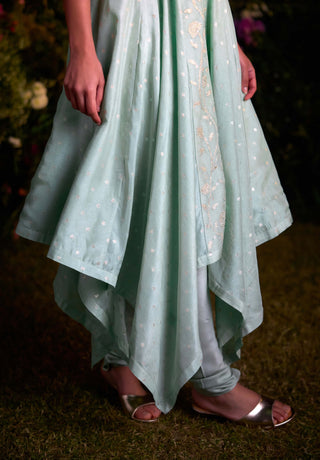Misty Blue Asymmetric Kurta And Churidaar by Shyam Narayan Prasad, available on Indiaspopup.com