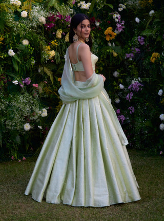 Medow Mist Green Brocade Lehenga Set by Shyam Narayan Prasad, available on Indiaspopup.com