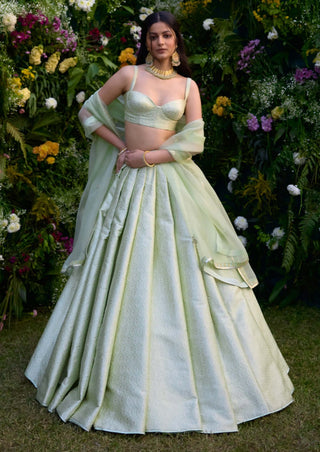 Medow Mist Green Brocade Lehenga Set by Shyam Narayan Prasad, available on Indiaspopup.com