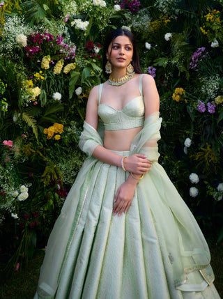 Medow Mist Green Brocade Lehenga Set by Shyam Narayan Prasad, available on Indiaspopup.com