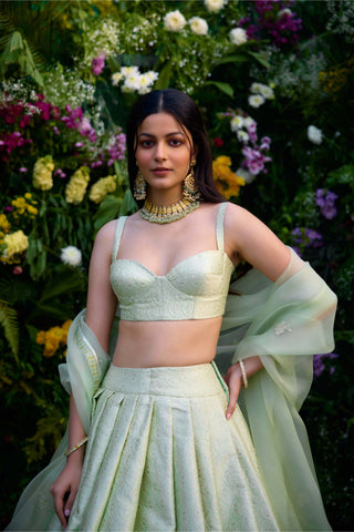 Medow Mist Green Brocade Lehenga Set by Shyam Narayan Prasad, available on Indiaspopup.com