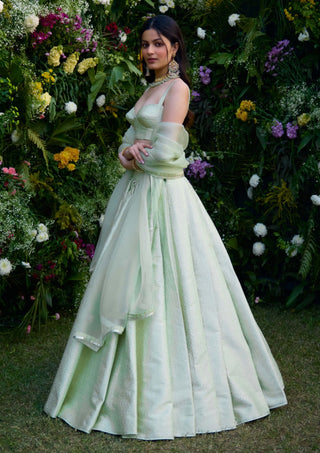 Medow Mist Green Brocade Lehenga Set by Shyam Narayan Prasad, available on Indiaspopup.com