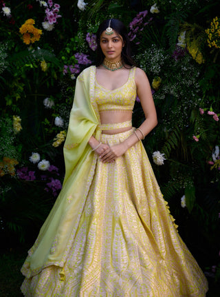 Sunshine Yellow Embroidered Lehenga Set by Shyam Narayan Prasad, available on Indiaspopup.com