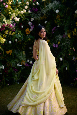Sunshine Yellow Embroidered Lehenga Set by Shyam Narayan Prasad, available on Indiaspopup.com