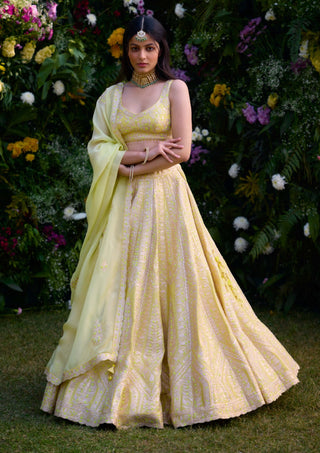 Sunshine Yellow Embroidered Lehenga Set by Shyam Narayan Prasad, available on Indiaspopup.com