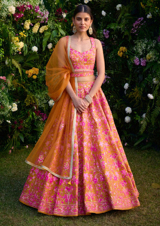 Apricot Orange Lehenga Set by Shyam Narayan Prasad, available on Indiaspopup.com