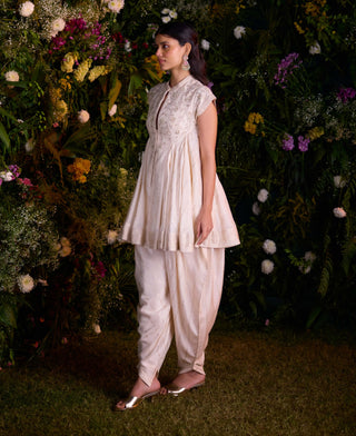 Ivory Zardozi Flared Top And Dhoti Pant by Shyam Narayan Prasad, available on Indiaspopup.com
