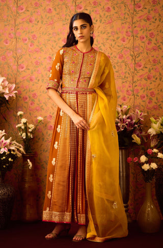 Amber Mustrad Yellow Anarkali Set by Shyam Narayan Prasad available on Indiaspopup.com
