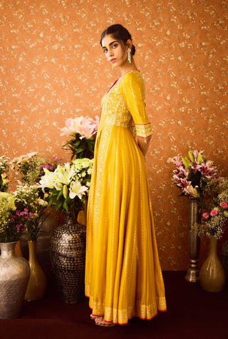 Gold Yellow Mustard Anarkali Set by Shyam Narayan Prasad available on Indiaspopup.com
