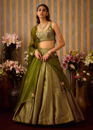 Garden Green Pleated Lehenga Set by Shyam Narayan Prasad available on Indiaspopup.com