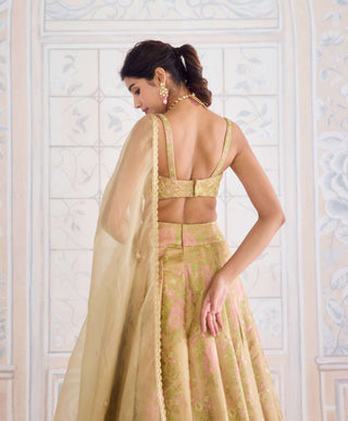 Gold brocade pleated lehenga set