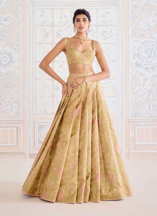 Gold brocade pleated lehenga set