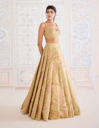 Gold brocade pleated lehenga set