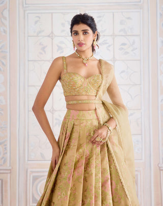 Gold brocade pleated lehenga set