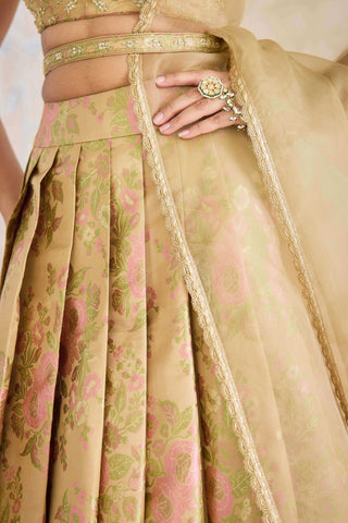 Gold brocade pleated lehenga set