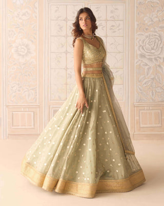 Smoke green organza tissue brocade lehenga set