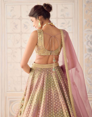 Dusty rose pink tissue organza brocade lehenga set