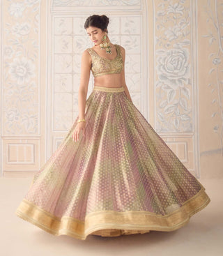 Dusty rose pink tissue organza brocade lehenga set