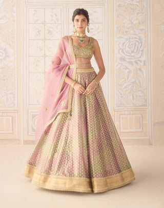 Dusty rose pink tissue organza brocade lehenga set