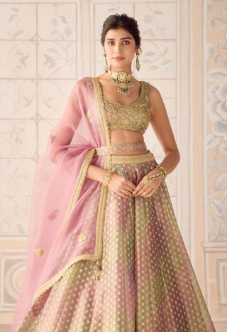 Dusty rose pink tissue organza brocade lehenga set