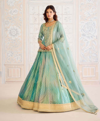 Dusty turquoise green tissue brocade lehenga set