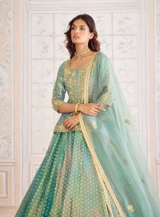 Dusty turquoise green tissue brocade lehenga set