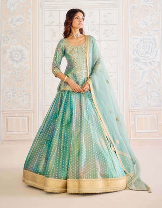 Dusty turquoise green tissue brocade lehenga set
