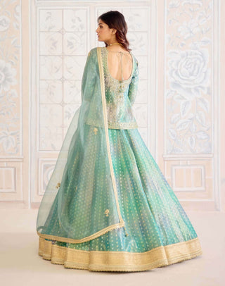 Dusty turquoise green tissue brocade lehenga set