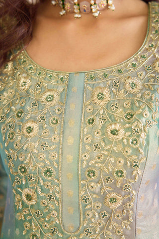 Dusty turquoise green tissue brocade lehenga set