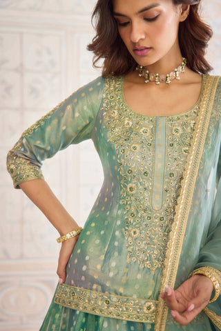 Dusty turquoise green tissue brocade lehenga set