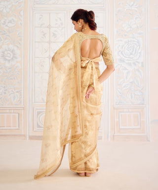 Gold printed brocade sari set