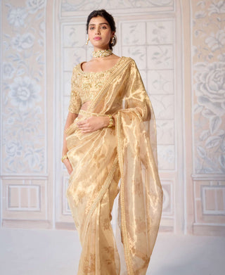 Gold printed brocade sari set