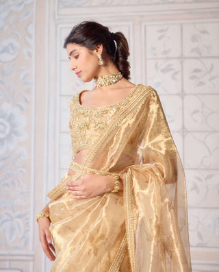 Gold printed brocade sari set