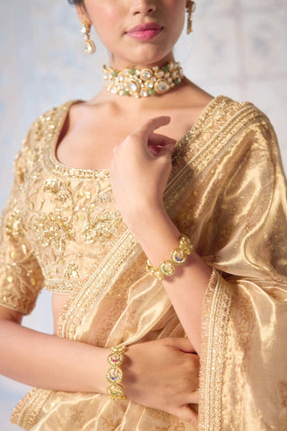 Gold printed brocade sari set