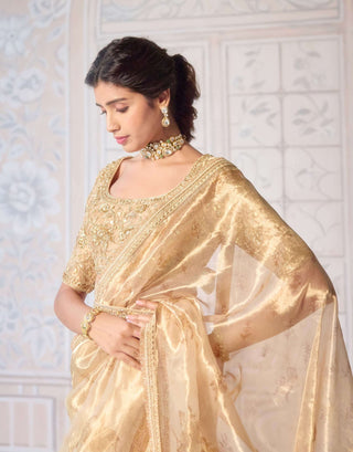 Gold printed brocade sari set