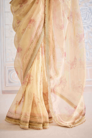 Gold printed tissue brocade sari set