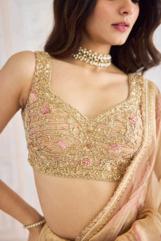 Gold printed tissue brocade sari set