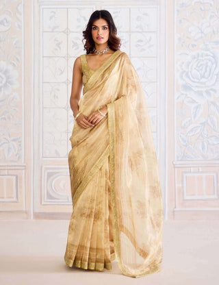 Gold block printed brocade sari set