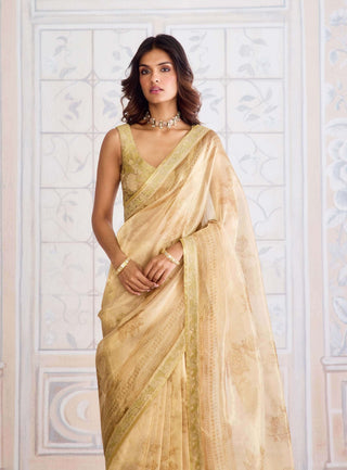Gold block printed brocade sari set