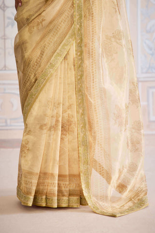 Gold block printed brocade sari set