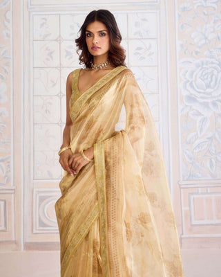 Gold block printed brocade sari set