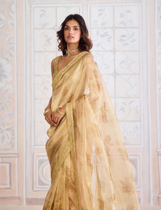 Gold block printed brocade sari set