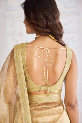Gold block printed brocade sari set