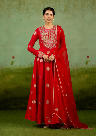 Red zardozi hand embroidered anarkali set