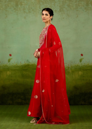 Red zardozi hand embroidered anarkali set