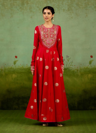 Red zardozi hand embroidered anarkali set