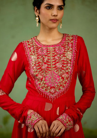 Red zardozi hand embroidered anarkali set