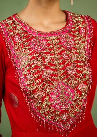 Red zardozi hand embroidered anarkali set