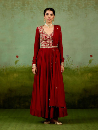 Maroon embroidered anarkali set